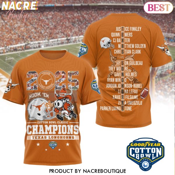 2025 Texas Longhorns Cotton Bowl Classic Champions Hook Em 3D T-Shirt